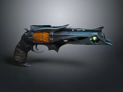 Futuristic Sci Fi Pistol With Sharp Edges Metallic Body Orange Grip And Green Gem 3d model