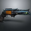 Futuristic Sci Fi Pistol With Sharp Edges Metallic Body Orange Grip And Green Gem