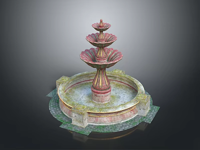 Ornate Multi Tiered Fountain With Red Gold Accents And Circular Stone Base 3d model