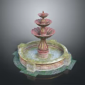Ornate Multi Tiered Fountain With Red Gold Accents And Circular Stone Base