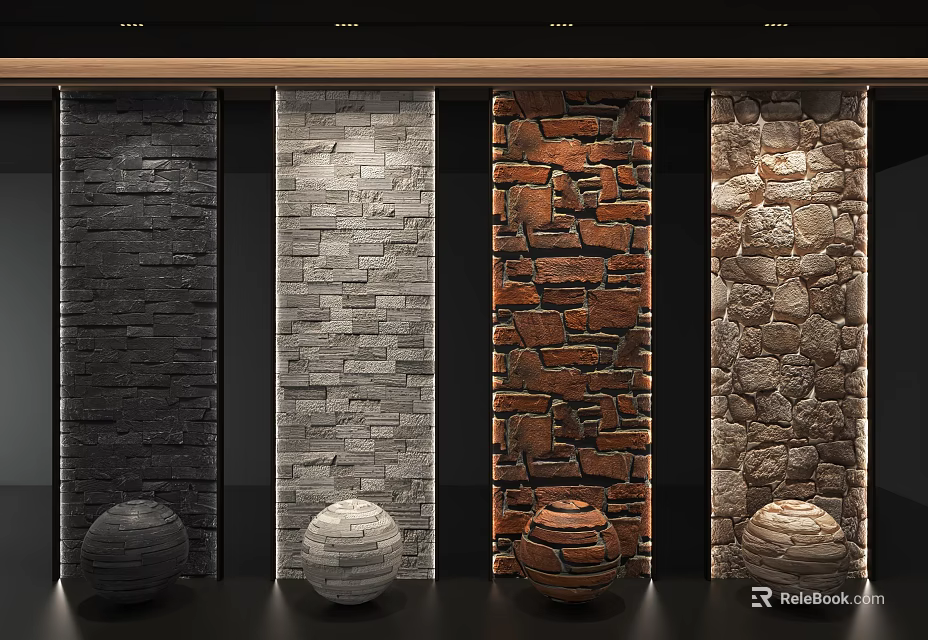 Stone Background Wall Showcase With Various Color Textures And Decorative Spheres 3d model 