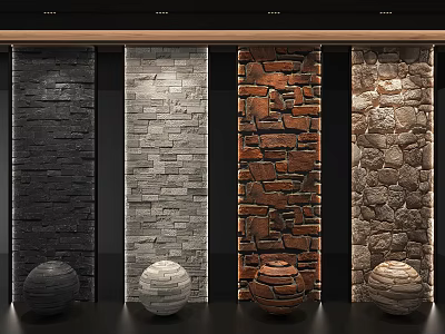 Stone Background Wall Showcase With Various Color Textures And Decorative Spheres 3d model