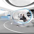 Modern Exhibition Hall Space With Blue Lit Counter Glass Railing Stairs And White Walls