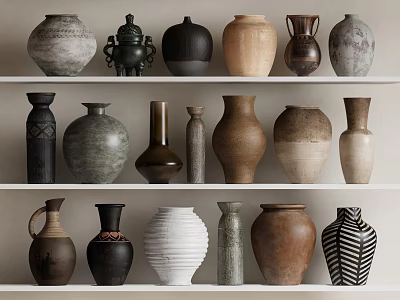 Ceramic Vases Arranged on Shelves with Various Shapes Colors and Textured Surfaces 3d model