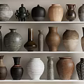 Ceramic Vases Arranged on Shelves with Various Shapes Colors and Textured Surfaces
