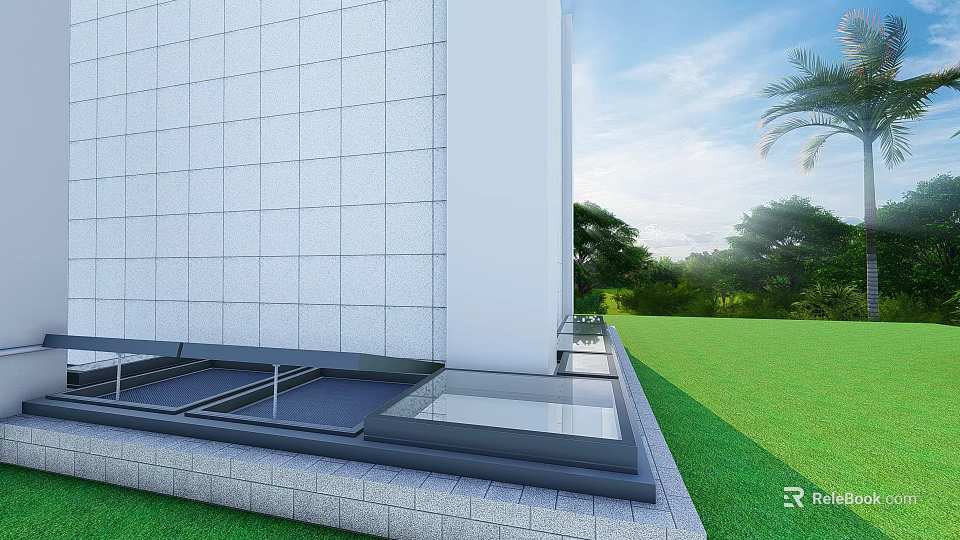 Modern Detached Villa Exterior With White Stone Walls Green Lawn And Large Glass Windows 3d model 