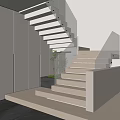 Modern Interior Staircase With Glass Railing Wooden Steps And Green Plant Decoration