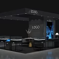Modern Exhibition Booth Design With LOGO Displays Screen Lighting Tables And Chairs