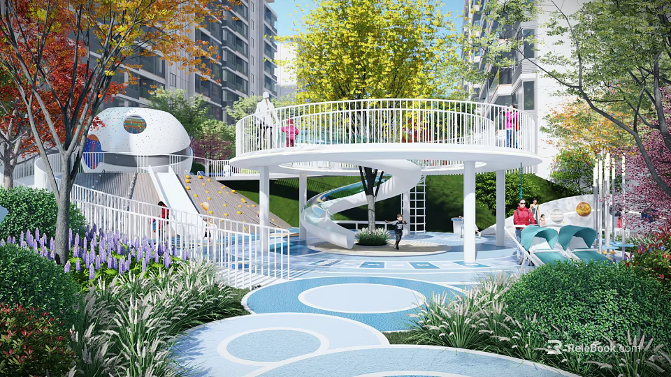 Colorful Children's Play Area with Circular Slide White Railings and Green Plants 3d model 