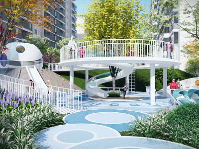 Colorful Children's Play Area with Circular Slide White Railings and Green Plants 3d model