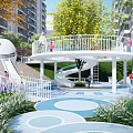 Colorful Children's Play Area with Circular Slide White Railings and Green Plants