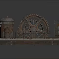 Industrial Equipment with Large Interlocking Gears and Rusty Metal Pipes on Metal Base