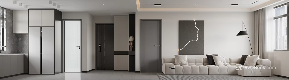 Modern Living and Dining Room Interior With Beige Sofa Decorative Painting And Storage Cabinets 3d model 