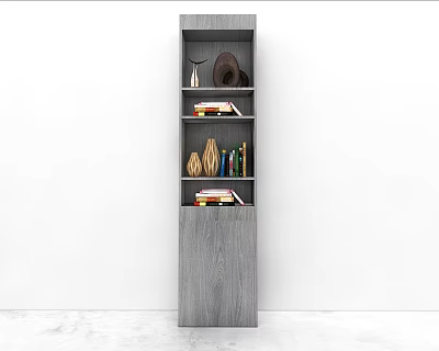 Modern Minimalist Grey Wooden Wall Cabinet with Books and Decorative Items on Open Shelves 3d model