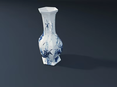 Traditional Chinese Style White Ceramic Vase With Blue Bamboo Patterns And Hexagonal Shape 3d model