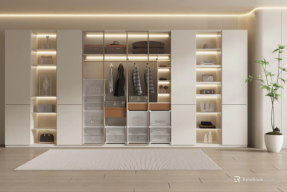 Modern Wardrobe Interior With Open Shelves Hanging Rods And Storage Drawers 3d model 