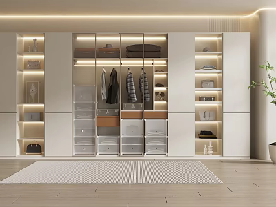 Modern Wardrobe Interior With Open Shelves Hanging Rods And Storage Drawers 3d model