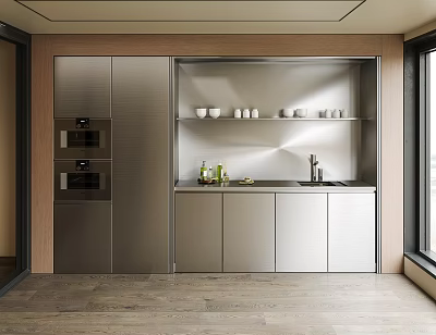 Modern Kitchen Interior With Stainless Steel Cabinets Built-in Appliances Countertop And Sink 3d model