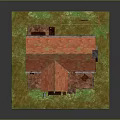 Small Wooden Cabin Model with Red Roof Green Railings Porch Chimney Grass Lawn and Woodpile