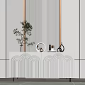 Modern Entryway Console Cabinet With Arched Design Gray Vertical Striped Wall And Decorative Items