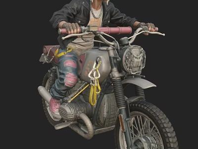Woman In Black Leather Jacket Riding Vintage Motorcycle With Pink Handlebars And Jeans 3d model