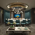 Luxurious Private Dining Room Interior With Round Table Blue Chairs Green Walls And Chandelier