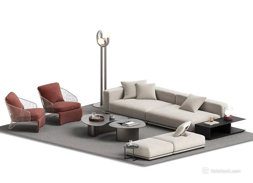 Modern Beige Sofa and Coffee Table Set with Red Chairs and Floor Lamp 3d model