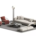 Modern Beige Sofa and Coffee Table Set with Red Chairs and Floor Lamp 3d model