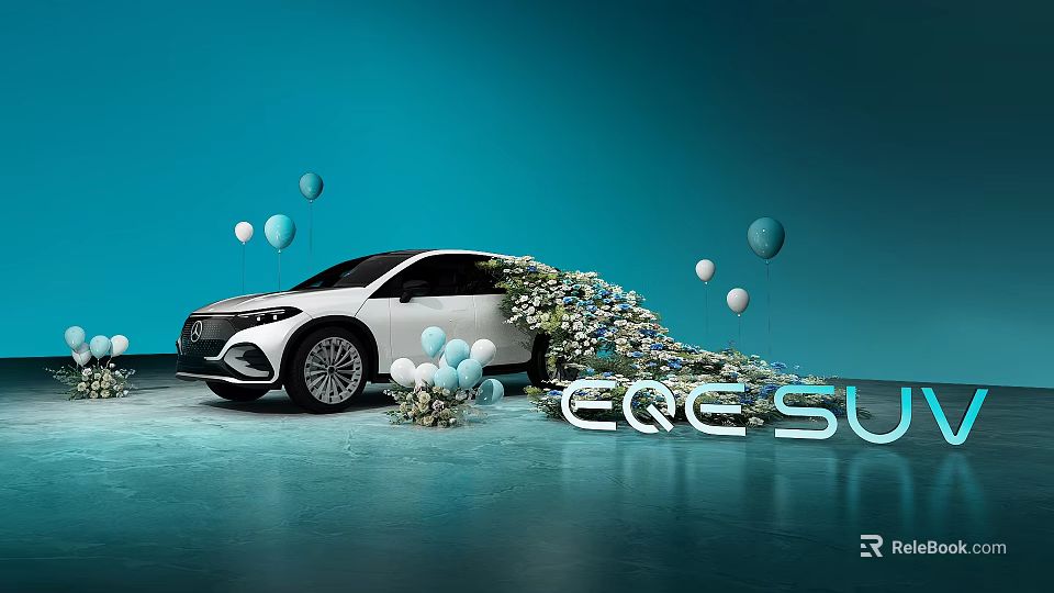 EQE SUV Car with White Balloons and Flower Decorations on Blue Background Modern Styling 3d model 