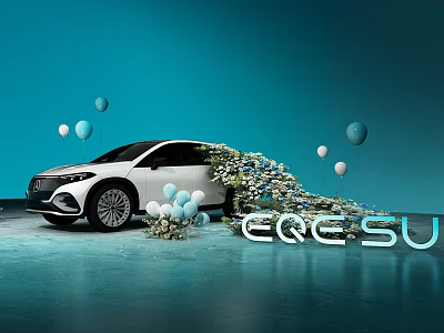 EQE SUV Car with White Balloons and Flower Decorations on Blue Background Modern Styling 3d model