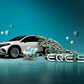EQE SUV Car with White Balloons and Flower Decorations on Blue Background Modern Styling