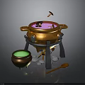 Enchanted Cauldron Setup With Golden Tripod Green Pot Stones And Wooden Spoon