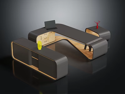 Modern Curved Office Desk With Side Table Laptop Yellow Cup And Red Decor Items 3d model
