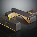 Modern Curved Office Desk With Side Table Laptop Yellow Cup And Red Decor Items