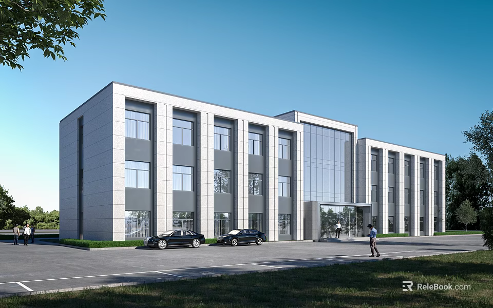 Modern Office Building With Multiple Windows Glass Curtain Wall Parking Lot And Green Lawn 3d model 