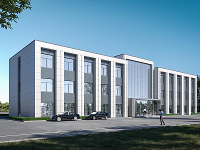 Modern Office Building With Multiple Windows Glass Curtain Wall Parking Lot And Green Lawn 3d model