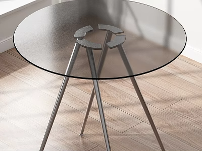 Modern Round Dining Table With Glass Top And Metal Legs On Wooden Floor 3d model