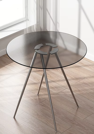 Modern Round Dining Table With Glass Top And Metal Legs On Wooden Floor 3d model
