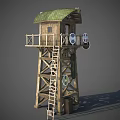 Wooden Tower with Green Roof Ladder Balcony and Circular Equipment Structure 3d model