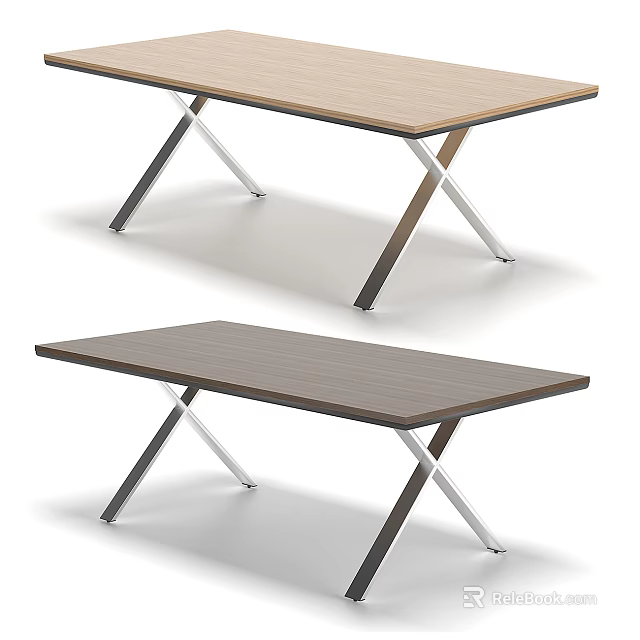 Modern Dining Tables With Wooden Tabletop And X Shaped Metal Legs In Light Dark Finishes 3d model 