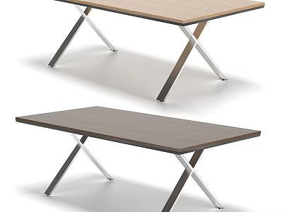 Modern Dining Tables With Wooden Tabletop And X Shaped Metal Legs In Light Dark Finishes 3d model