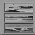 Three Panel Black White Gray Ink Wash Landscape Painting with Layered Mountains and Flying Birds