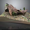 Natural Wooden Log Sculpture on Stone Base with Moss and Small Plants