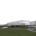 Modern Streamlined Museum Building With Glass Curtain Wall And Water Pool Reflection
