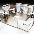 Modern Exhibition Booth Design With Tables Chairs Display Area And Brand Signage