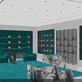 Luxury Shoe Store Interior With Teal Display Shelves Red Shoes Green Rug And Marble Tables