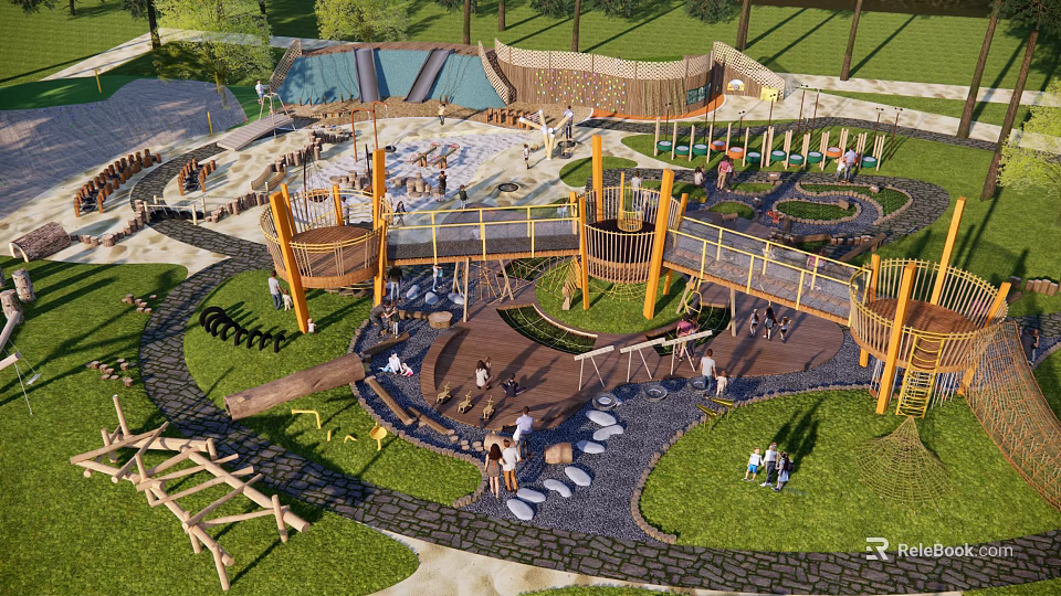 Fun Safe Kids Playground With Climbing Structures Swings Green Lawn And Natural Wooden Elements 3d model 