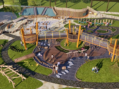 Fun Safe Kids Playground With Climbing Structures Swings Green Lawn And Natural Wooden Elements 3d model