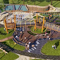 Fun Safe Kids Playground With Climbing Structures Swings Green Lawn And Natural Wooden Elements