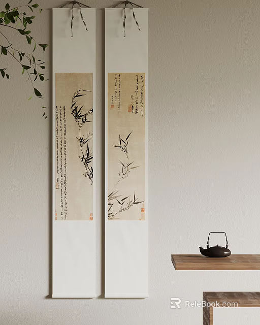 Traditional Chinese Bamboo Ink Painting Scrolls With Calligraphy And Tea Pot On Table 3d model 